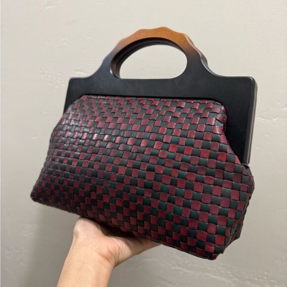 Colorblock Woven Cowhide Handmade Wooden Frame Top Handle Satchel, Crossbody Bag - Picture 13 of 16